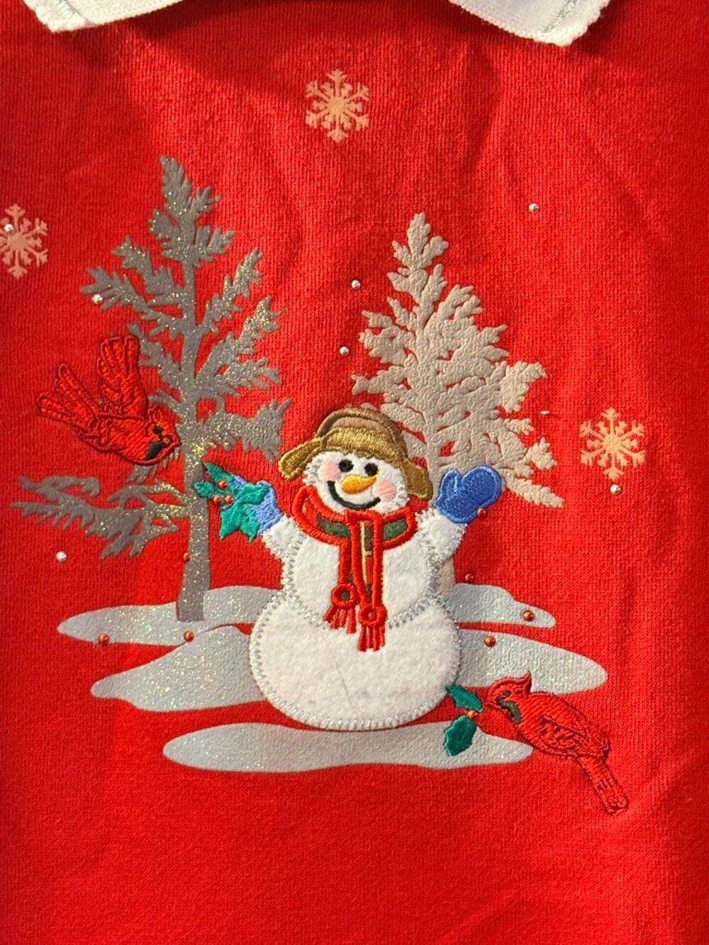 Mercer Street Studio L Christmas Snowman Red Collared Sweatshirt Embellished